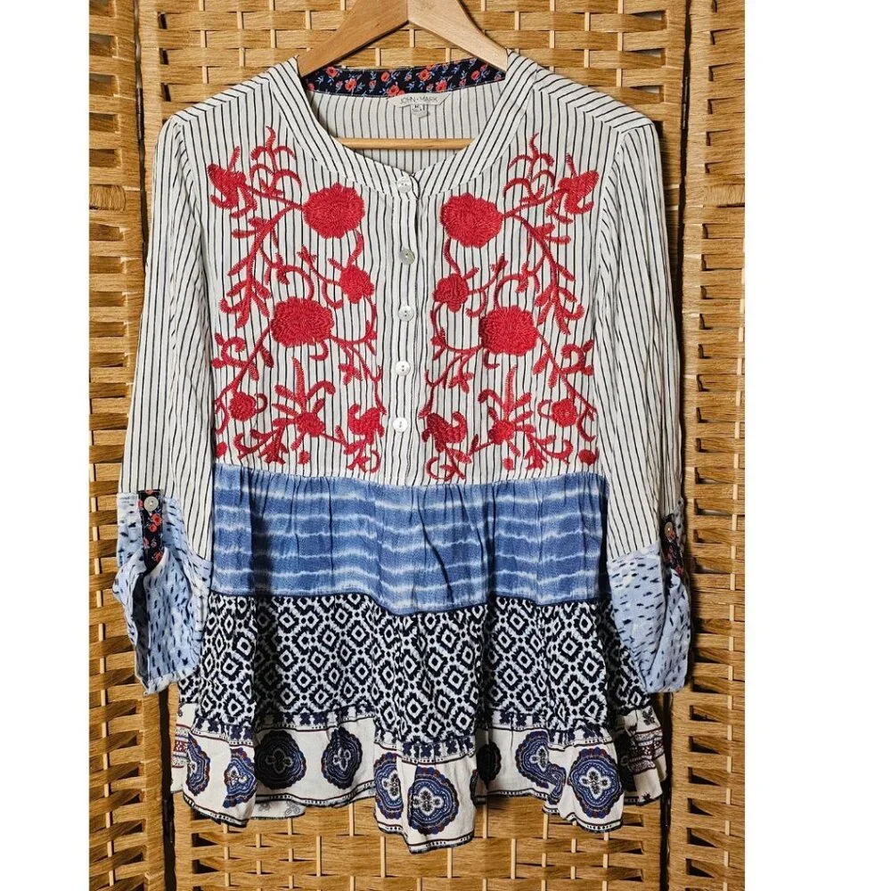 John Mark Red Embroidered & Blue Patchwork Tunic - Picture 1 of 8